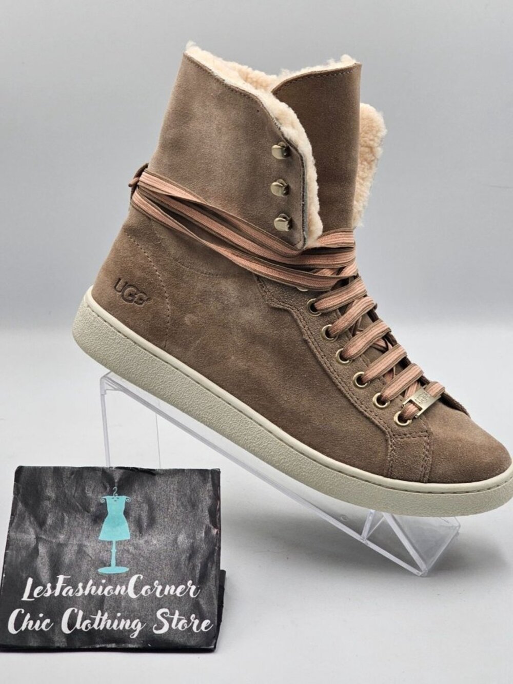 UGG Women's Beige Suede Starlyn Lace-Up Shearling High-Top Trainers Size7.5 3243 - Picture 12 of 16
